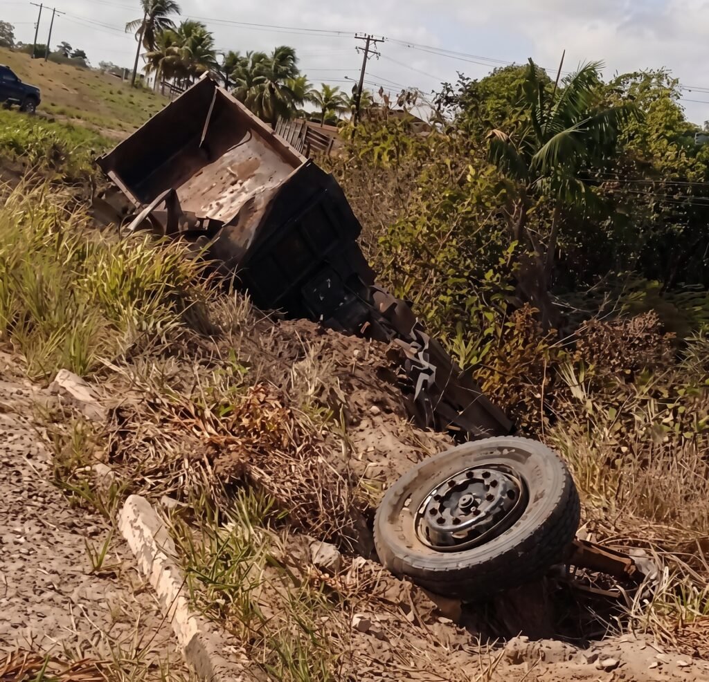 Caminhão caçamba despenca em ribanceira na BR-010 em Santa Maria do Pará